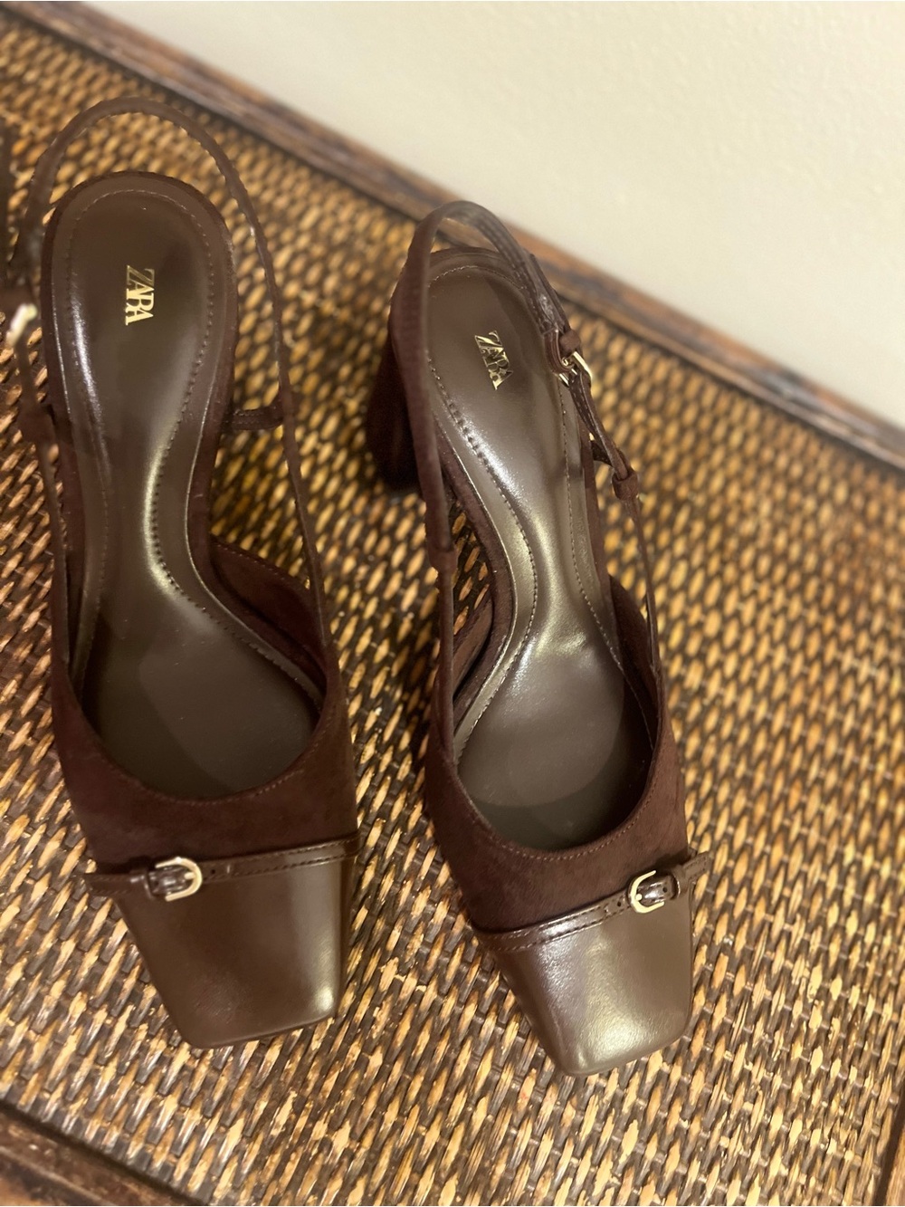 ZARA Dark Brown Leather & Suede Slingback Block Heels